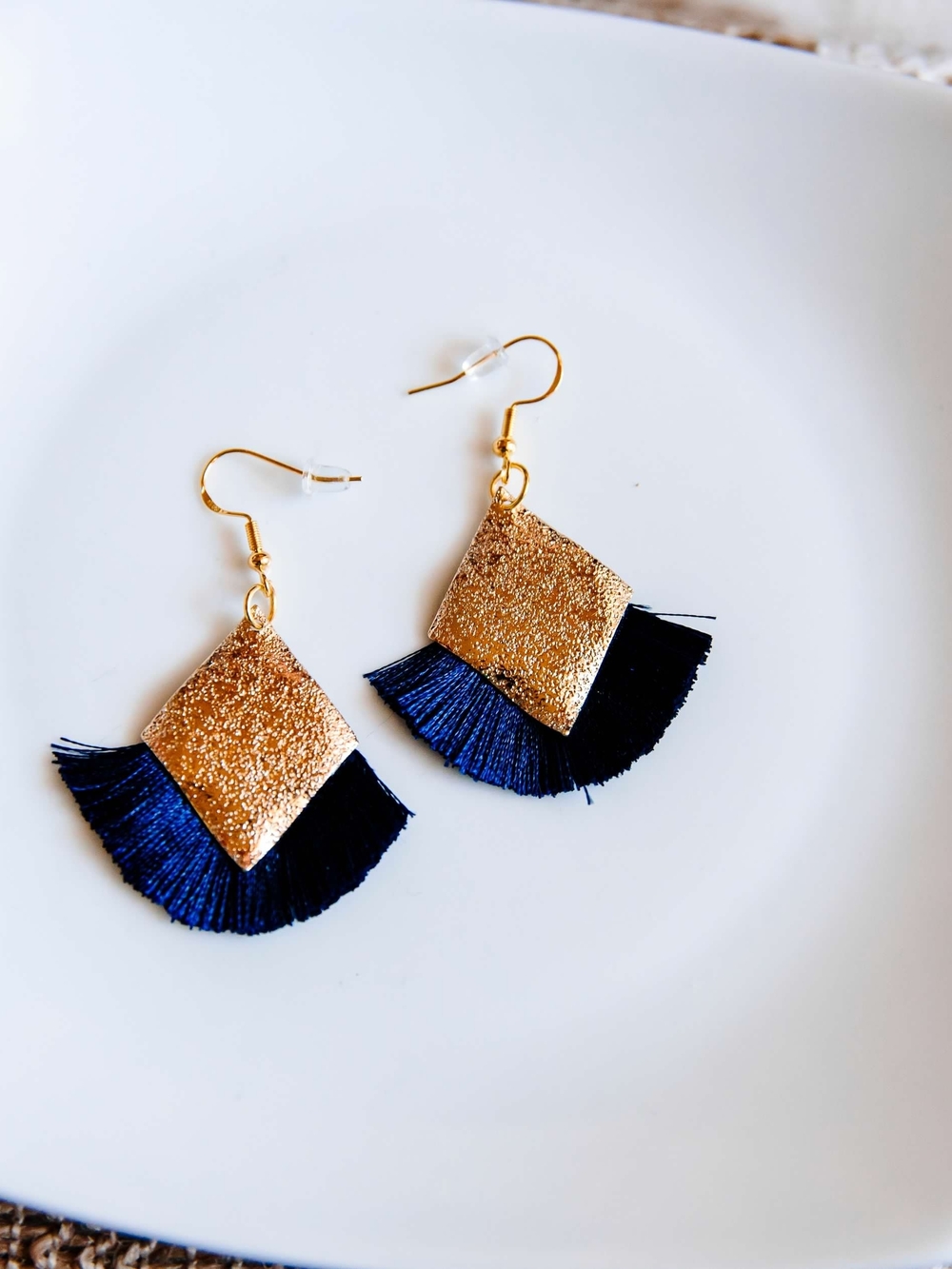 Gold Plate Earrings with Navy Fringe Tassels - Women Jewelry